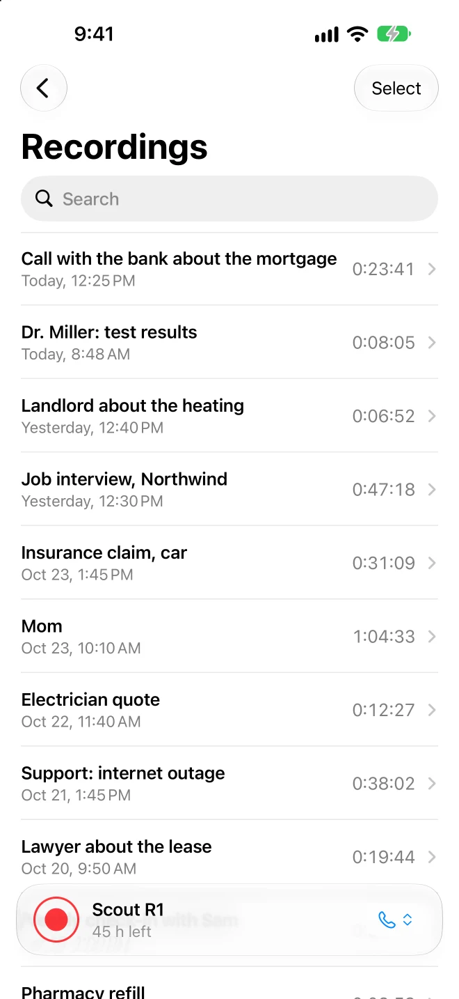 The Scout app's Recordings list, with Scout R1 connected and 45 hours of space left.