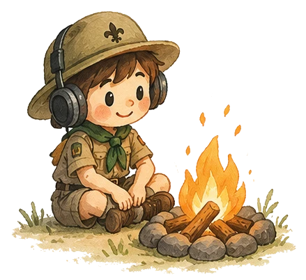Scout mascot sitting by a campfire, wearing headphones
